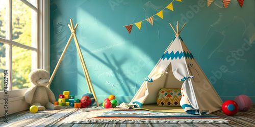 Interior of children's room with teepee and teddy bear Modern nursery room interior with play tent for kids an empty children playroom with tent couches and bears. photo