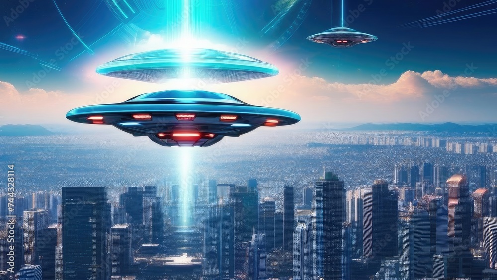 UFOs, an alien saucer hovering motionless in the air above the city, an unidentified flying object, an alien invasion, extraterrestrial life, space travel. UFOs, an alien saucer hovering motionless in the air above the city, an unidentified flying object, an alien invasion, extraterrestrial life, space travel.