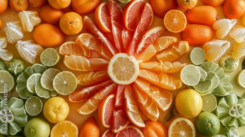 Citrus Fruit Assortment with Sliced Oranges, Lemons, and Limes on Yellow Background