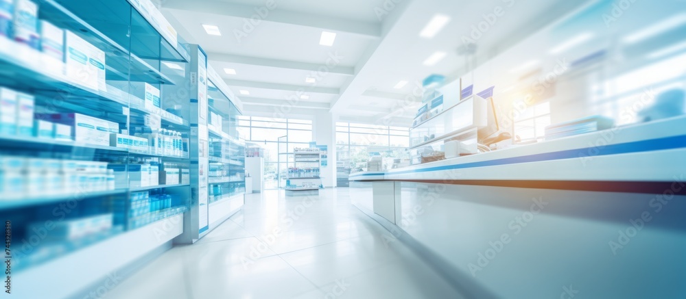 Inside drug store, pharmacy, shelves in blurred motion in modern office space Inside drug store, pharmacy, shelves in blurred motion in modern office space