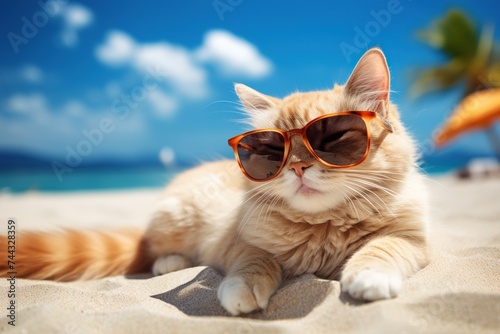 Cute ginger cat wearing sunglasses on the beach. Summer vacation concept