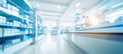 Inside drug store, pharmacy, shelves in blurred motion in modern office space