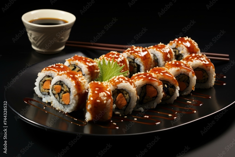 Rolls chopsticks soy sauce. Spring roll food traditional meal. Generate Ai Rolls chopsticks soy sauce. Spring roll food traditional meal. Generate Ai