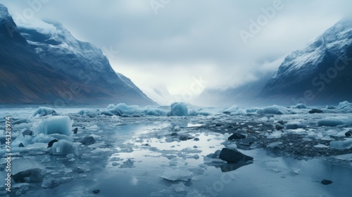 majestic frozen glacier with blue icy rocks in valley under gloomy sky