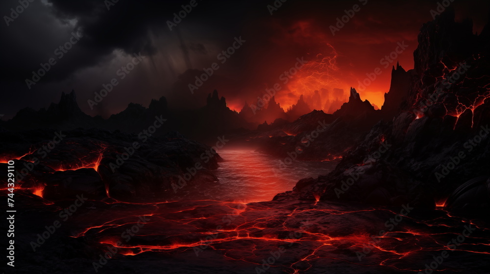 Fototapeta premium fantasy landscape with hot lava and dark sky background