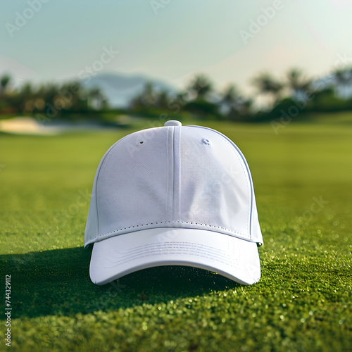 Blank white Golf hat mockup on a golf course 
