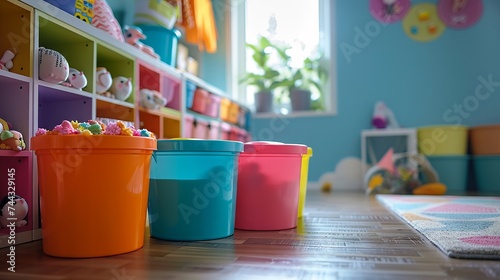Fototapeta Naklejka Na Ścianę i Meble -  Brightly colored bins and playful decor make for a lively children's space
