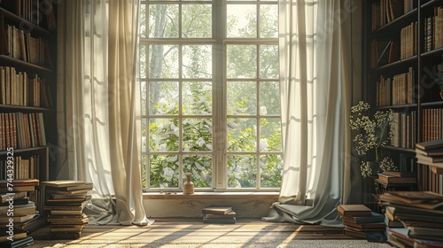 Bright vintage study with open windows, crisp linen curtains fluttering in the breeze © deafebrisa