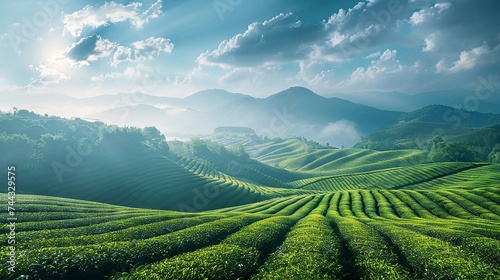 Rolling tea plantation hills under a bright afternoon sky without any workers