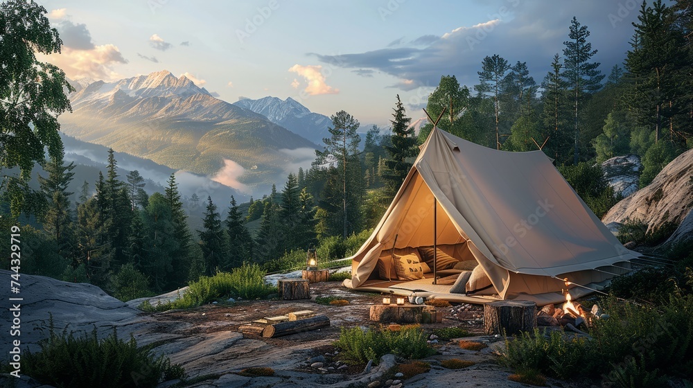 Tranquil luxury camping set up with a panoramic view of forested mountains