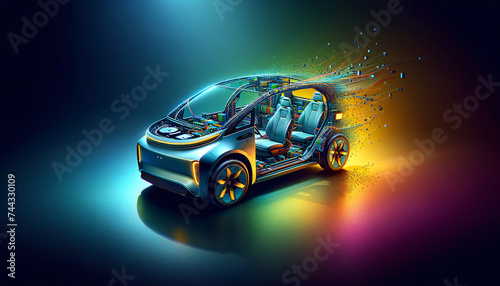 Sleek electric vehicle with digital disintegration effect in vibrant backdrop.