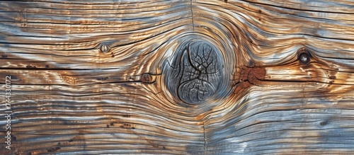 A detailed view of a weathered pine board, showcasing its knotty surface and a conspicuous hole.