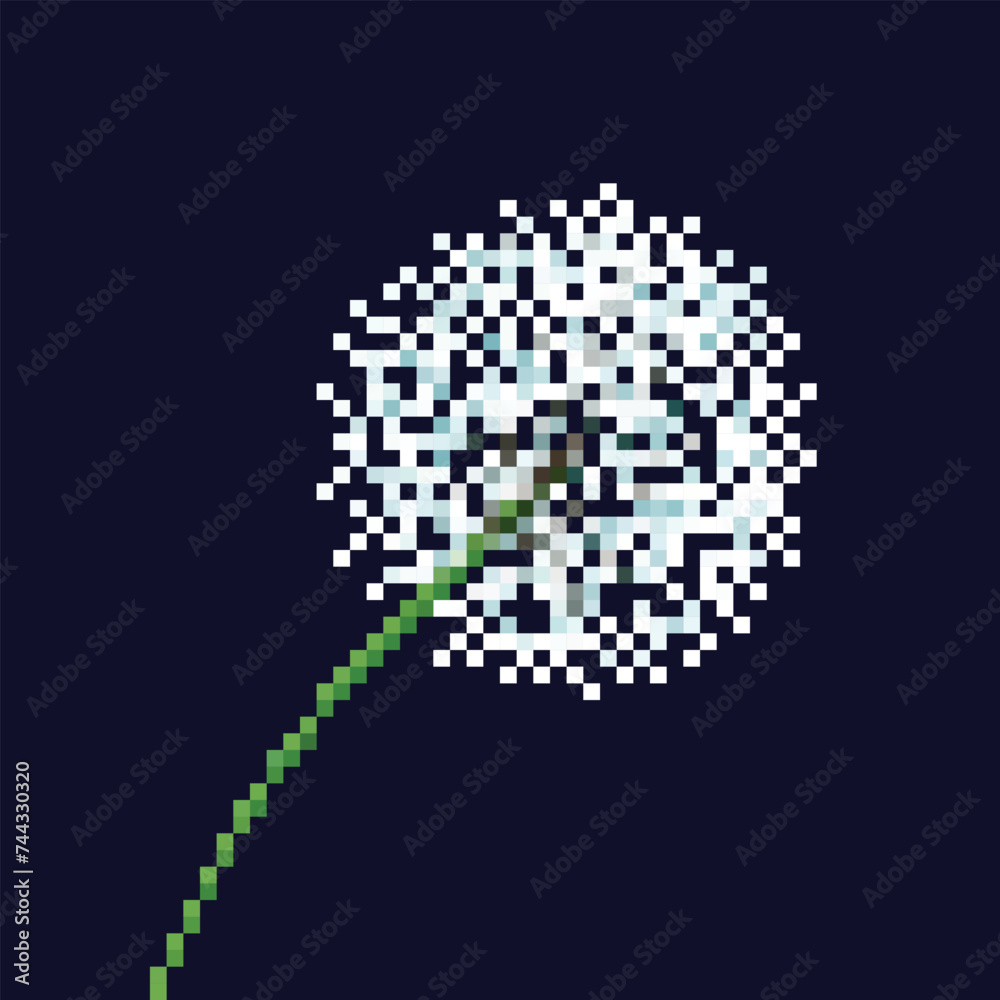 Close up one white dandelion flower. Pixel bit retro game styled vector ...