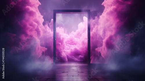 Neon purple light rays in door or entrance shape between smoke and clouds