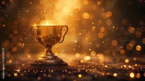 Champion's cup on a pedestal, glittering bokeh background, warm golden glow