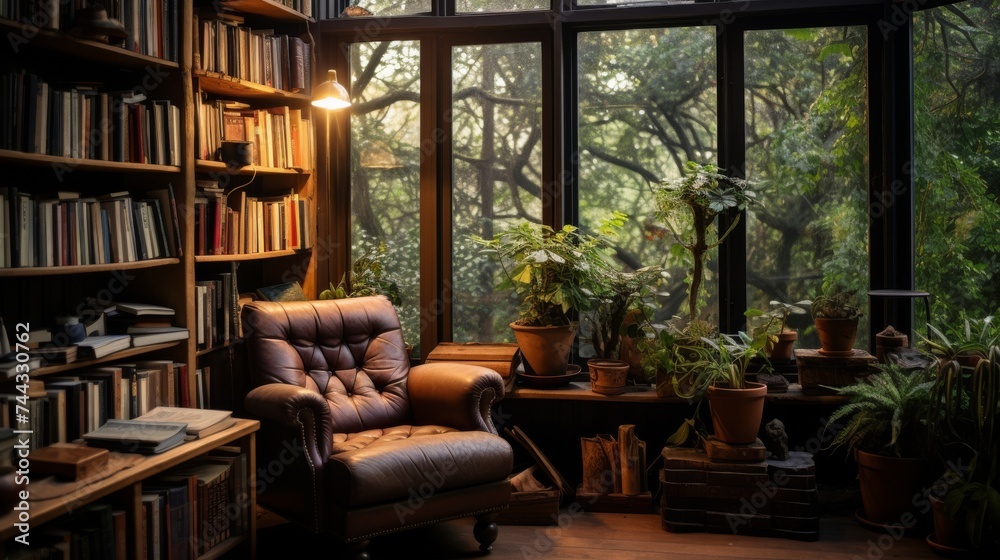 Old library with cozy armchairs and bookshelves