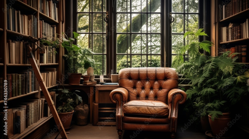Old library with cozy armchairs and bookshelves