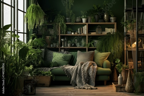 Room greenery plants. Home floor urban. Generate Ai