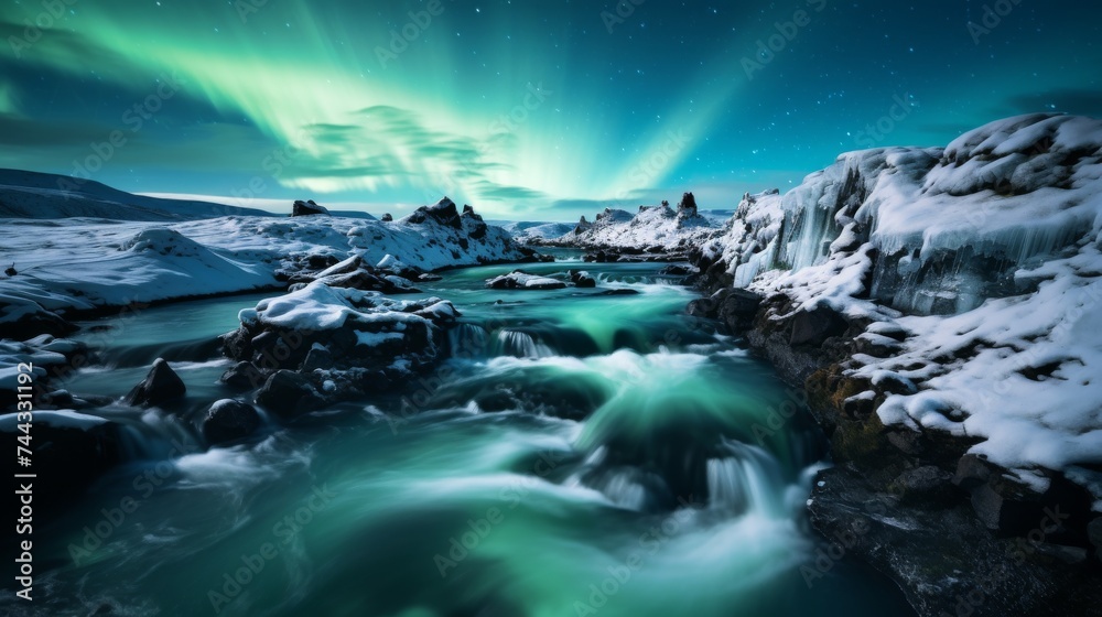 Waterfall flowing through rocky slope under northern lights