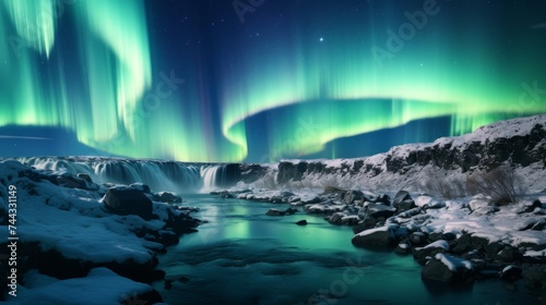 Waterfall flowing through rocky slope under northern lights © Media Srock