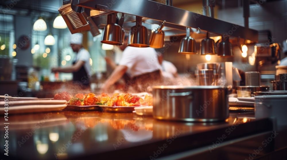 Restaurant kitchen with cooking in the open kitchen blurred background Restaurant kitchen with cooking in the open kitchen blurred background