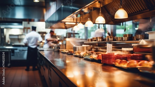 Restaurant kitchen with cooking in the open kitchen blurred background