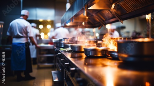 Restaurant kitchen with cooking in the open kitchen blurred background