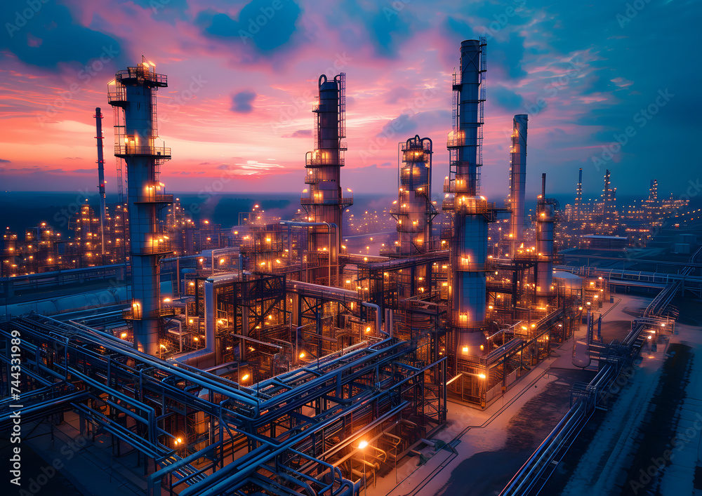 Petroleum gasoline oil industry. Gas chemical energy running power during sunset.
