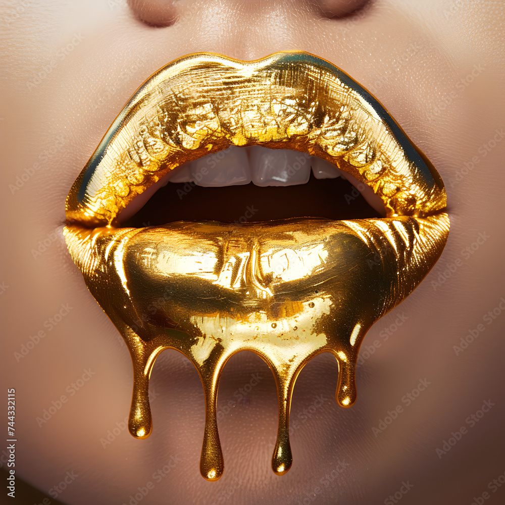 Gold lipstick with gold dripping from a woman's mouth 