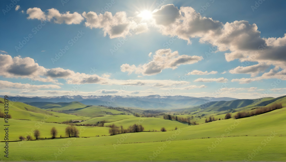 Beautiful panoramic views. Sunny day. Beautiful spring view in the mountains. Grassy fields and hills.