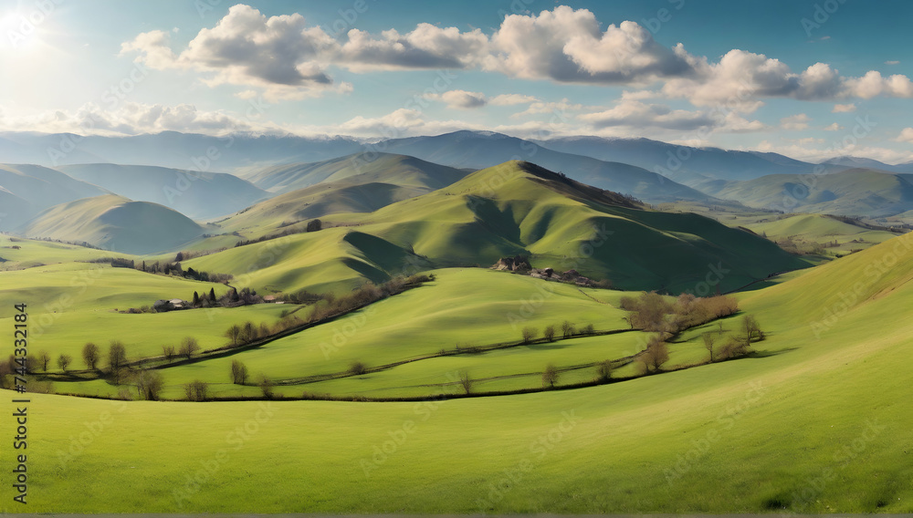 Beautiful panoramic views. Sunny day. Beautiful spring view in the mountains. Grassy fields and hills.