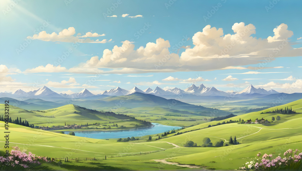 Beautiful panoramic views. Sunny day. Beautiful spring view in the mountains. Grassy fields and hills. Cartoon or anime illustration style.