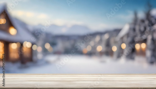 Empty table background with winter time blurred background.