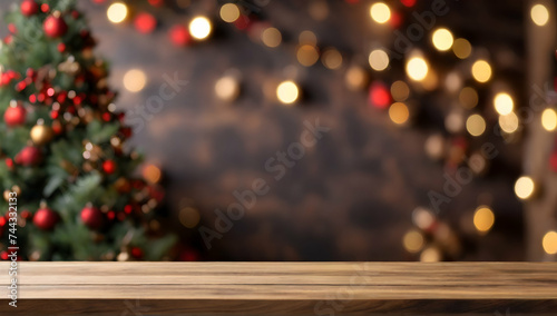 Empty table background with christmas time blurred background.