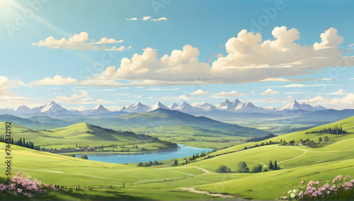 Beautiful panoramic views. Sunny day. Beautiful spring view in the mountains. Grassy fields and hills. Cartoon or anime illustration style. © EPDICAY