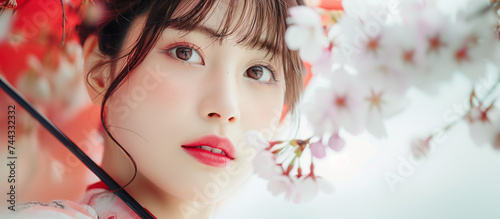 桜を背景にした若い女性のポートレート