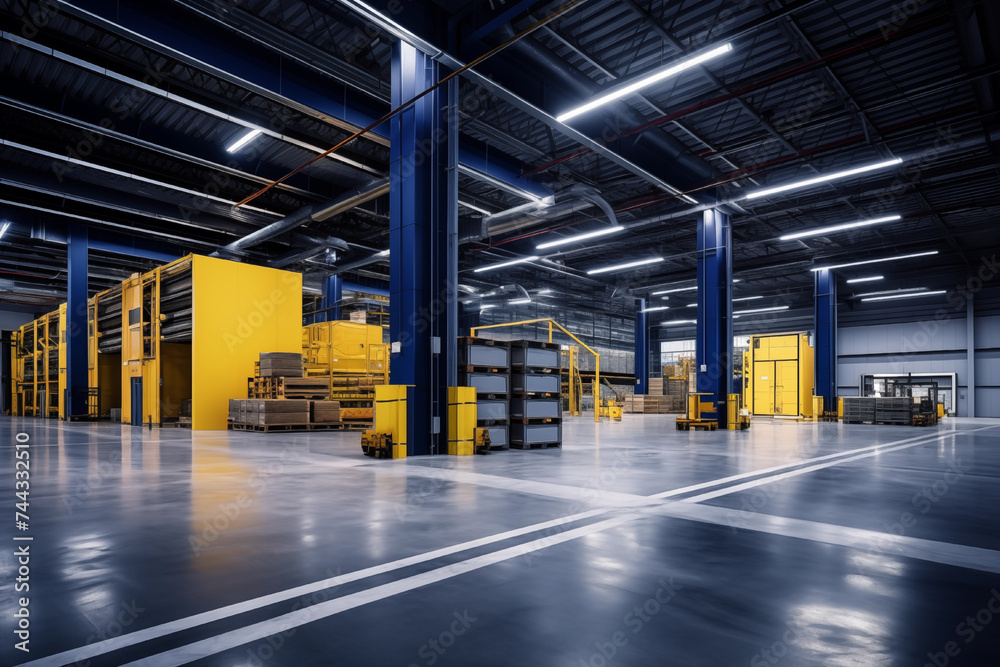 Modern interior of new empty warehouse. Racks pallets shelves. Metal construction. Storage equipment. Modern interior of new empty warehouse. Racks pallets shelves. Metal construction. Storage equipment.