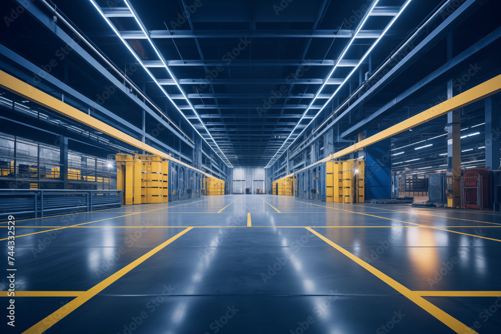 Modern interior of new empty warehouse. Racks pallets shelves. Metal construction. Storage equipment. Modern interior of new empty warehouse. Racks pallets shelves. Metal construction. Storage equipment.