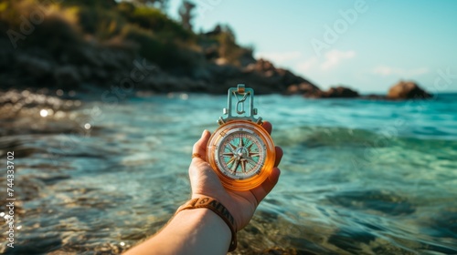 Hand holding a compass with a sea background