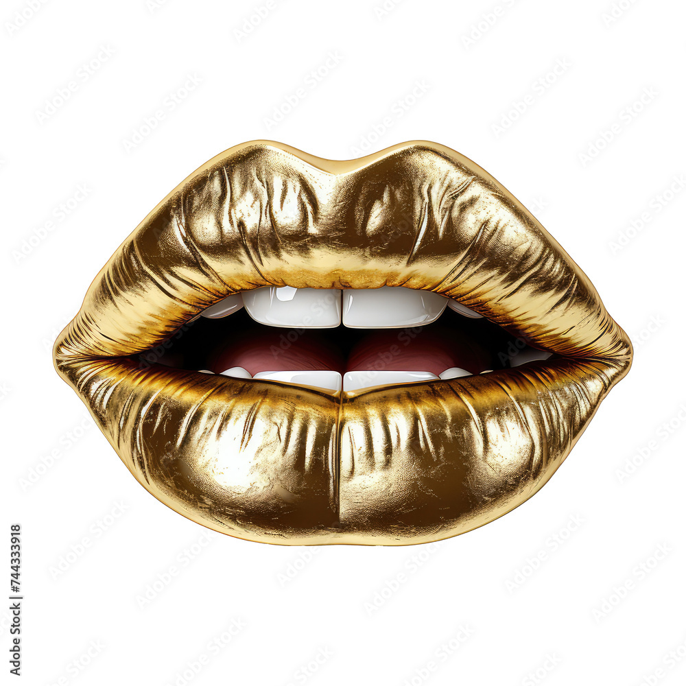 gold colored drawn lips, biting lip, high end style