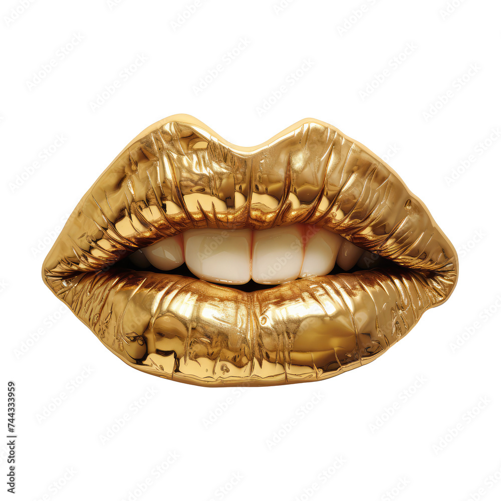 gold colored drawn lips, biting lip, high end style gold colored drawn lips, biting lip, high end style
