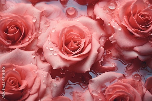 Rose pink drops closeup. Soft water. Generate Ai © juliars