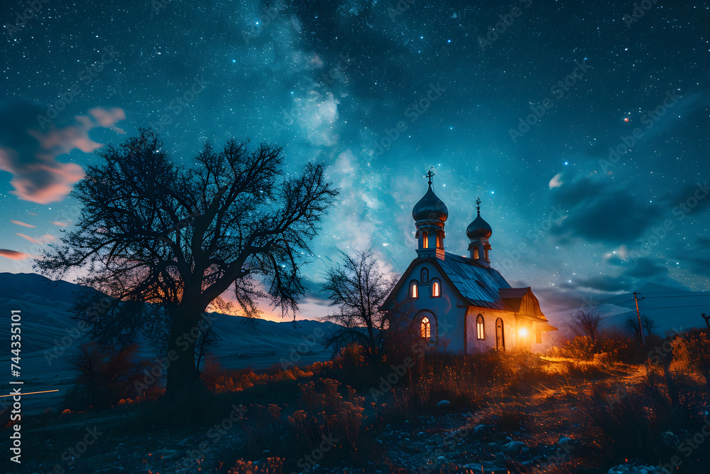 Church with Beautiful Starry Sky View at Sunset. Chapel with Landscape