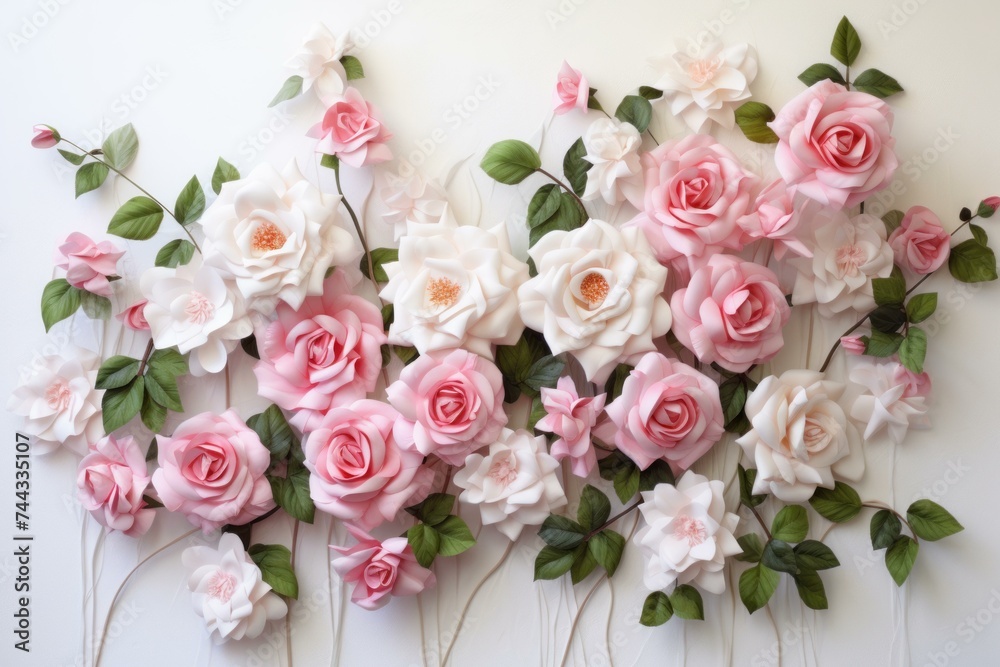 Roses white wall. Summer gold petal. Generate Ai