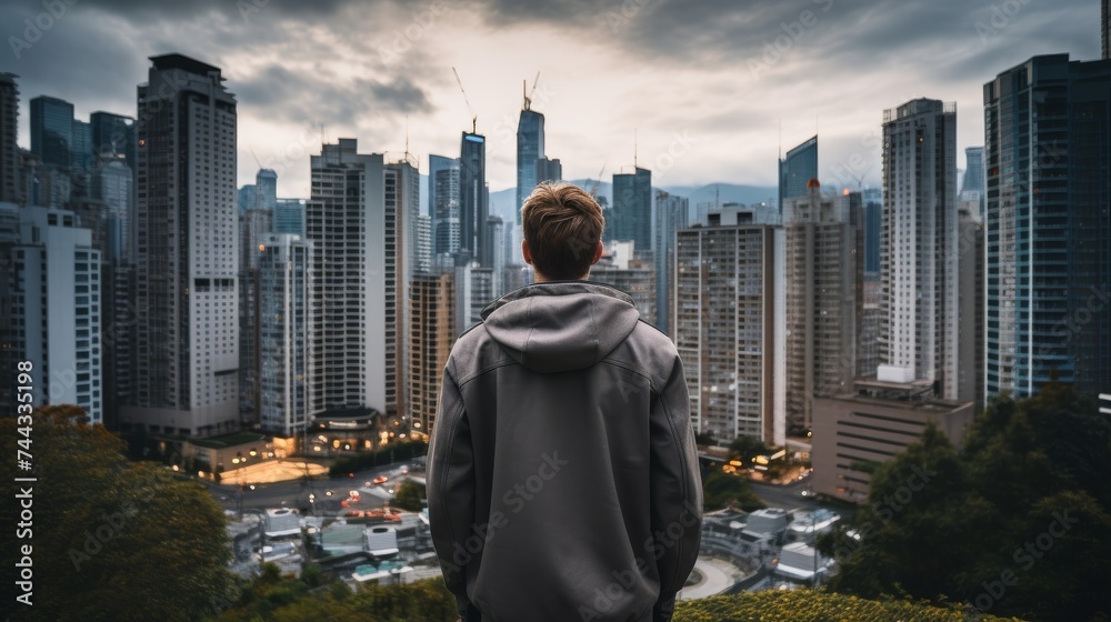 Teenager standing in front of modern high-rise city, Ready to face the future. Teenager standing in front of modern high-rise city, Ready to face the future.