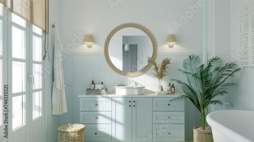 The soft pastel color on this bathroom vanity brings a touch of modernity