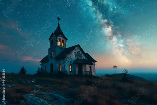 Church with Beautiful Starry Sky View at Sunset. Chapel with Landscape