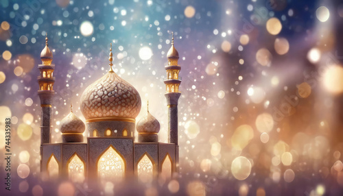 a mosque and background bokeh or eid mubarak greeting or mosque in the night or eid mubarak greeting card