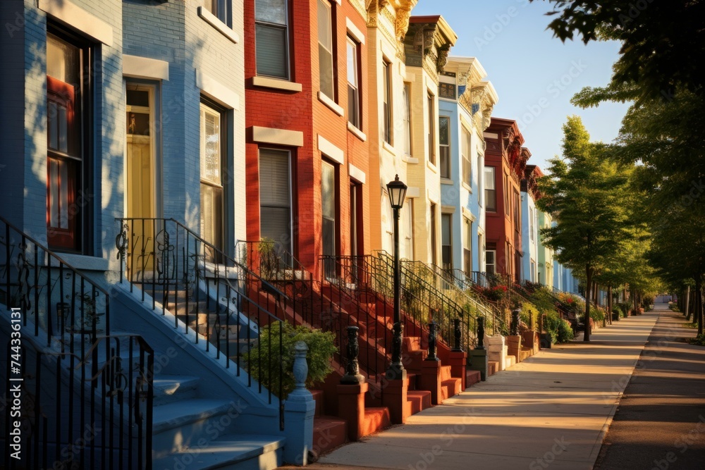 Row houses sidewalk front flowers. Modest fashioned. Generate Ai