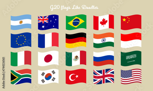 ゆるい手描きタッチのG20の国旗のイラストセット